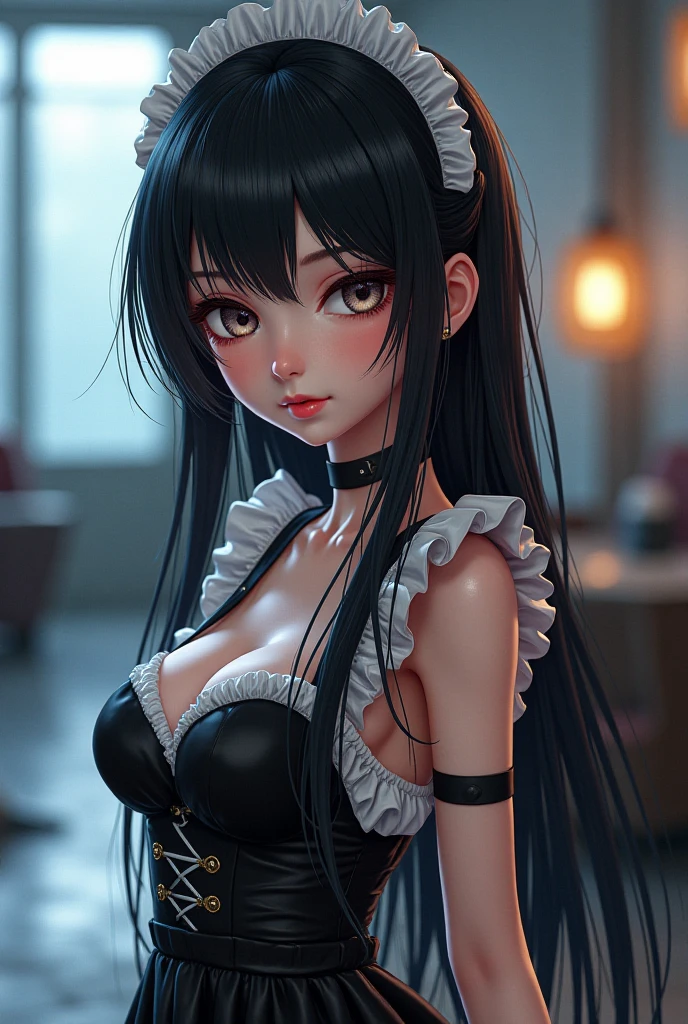 (45year old,Red lips、twin braids)、 absurderes、Flat Lighting、realisticlying、ultra-detailliert、bright colour、beautiful detailed eyes、perfect eyes、detailed hair、1 woman、(black hair、jet black eyes)、Delicate beautiful face,Satin Corset、Cleavage emphasis,Blushing,A sexy,Bed sit,separated-lips wide、 dramatic angle