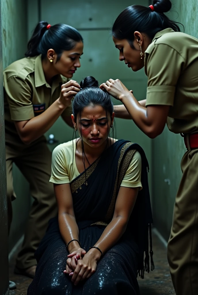 Indian Jail guard are Bitten the bald woman prisoners, whose are wearing jail suit, in side the jail 