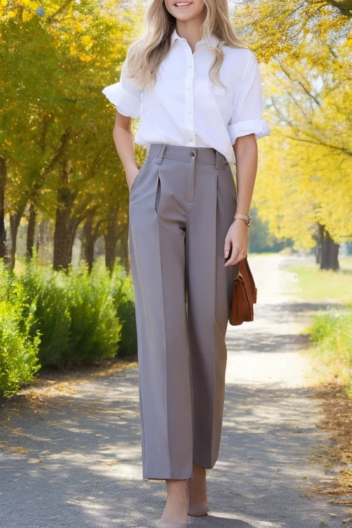 Woman Fashion model
Confident stride in a fitted trousers and button-down shirt combo, paired with loafers, on a park path