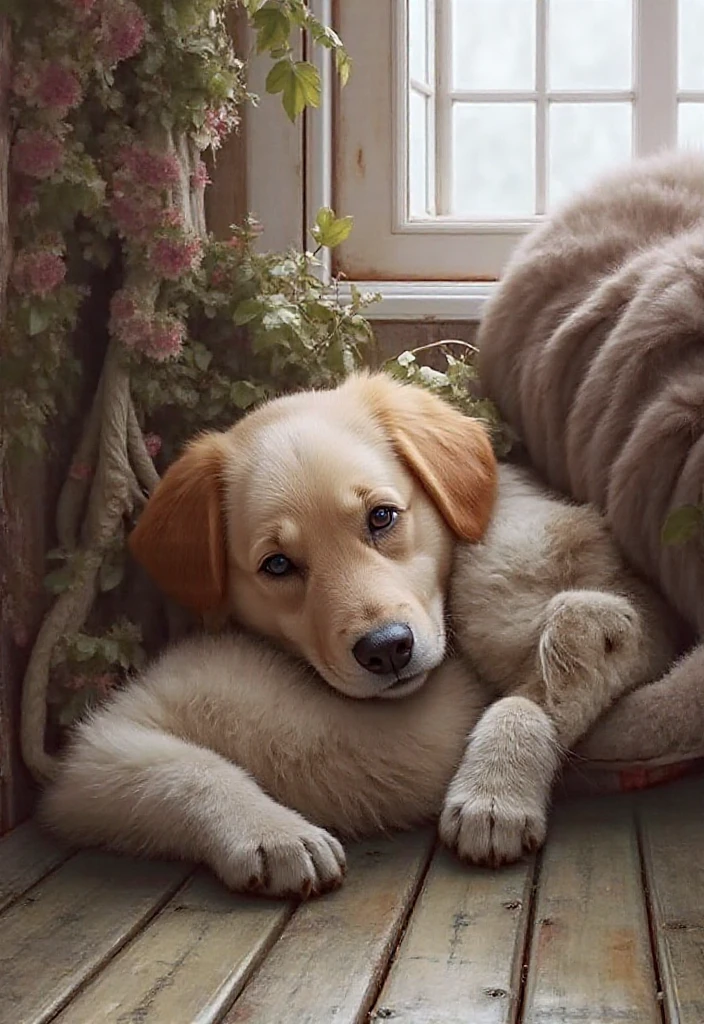 (masterpiece, best quality:1.2), illustration, absurdities, highres, extremely detailed, 1 white puppy lying down, with short coat, drooping ears, sad eyes, highlights of crying eyes, some rations scattered on the floor, highlight in the ration, time of day, inside a house, (:d:0.8), --auto
