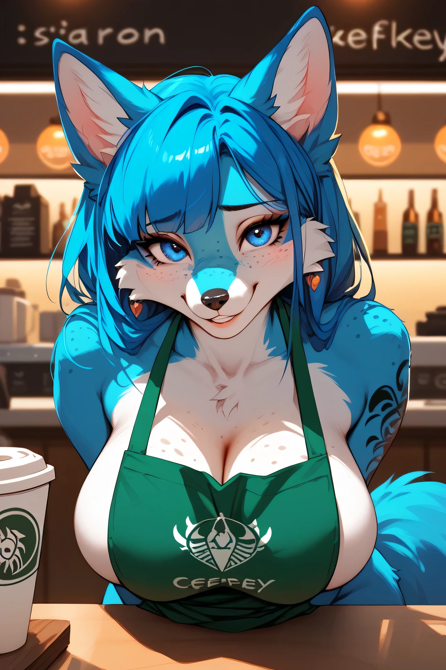 Beautiful round medium breasts, 1girl, ((Neon green hair, bangs cover the eyes)) ((wolf girl, Fluffy wolf furry ears)) light blue eyes, has an beautiful sensual body with freckles, with full breasts and thin waist, HIP HOP Beautiful and cute tank top, high waist denim shorts, women's belt fabric delicate, has a bold appearance. young, quality, realistic, best quality, cute expression, pink lipstick lips, Cute smile, leaning, In the beautiful romantic beautiful room
