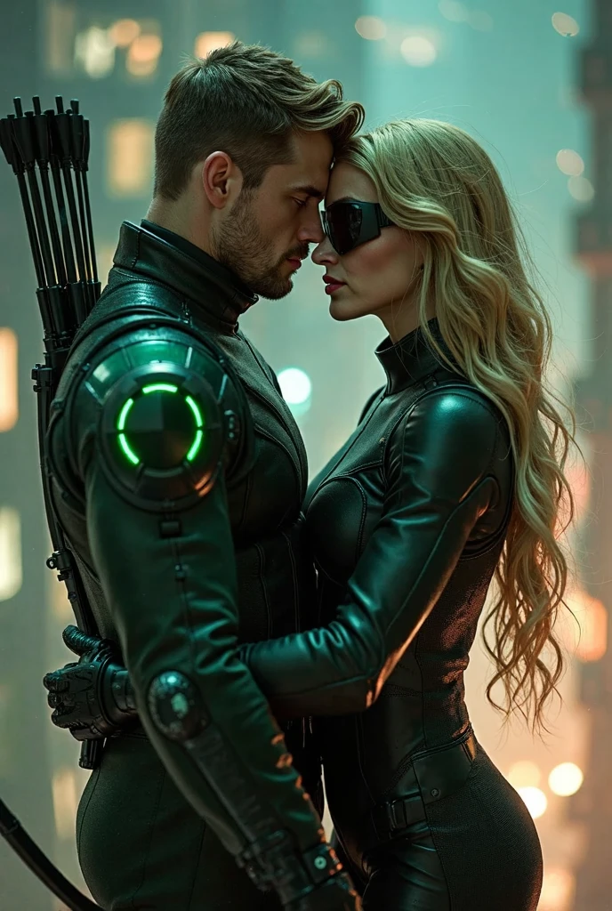 Emily Bett Rickards lifts man dressed as green arrow on shoulders