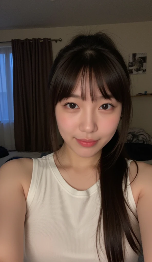 ((highest quality, 8k, Tabletop: 1.3, RAW Photos)), Sharp focus: 1.2, (1. AESPA Girl :1.1), alone, (Realistic, Realistic: 1.37), (Face Focus: 1.1), Cute face, Ultra detailed face, Short, unkempt hair, (Updo: 1.2), Small breasts, Flat Chest, (A neat silk camisole), Hotel Bedroom, (Lying face up on the bed: 1.3), Cinema Lighting, thigh