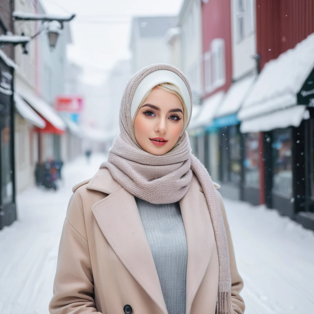 professional portrait photograph of a gorgeous Norwegian girl in winter clothing with hijab, sultry flirty look, gorgeous symmetrical face, cute natural makeup, wearing elegant warm winter fashion clothing, ((standing outside in snowy city street)), stunning modern urban environment, ultra realistic, concept art, elegant, highly detailed, intricate, sharp focus, depth of field, f/1. 8, 85mm, medium shot, mid shot, (((professionally color graded))), bright soft diffused light, (volumetric fog), trending on instagram, hdr 4k, 8k