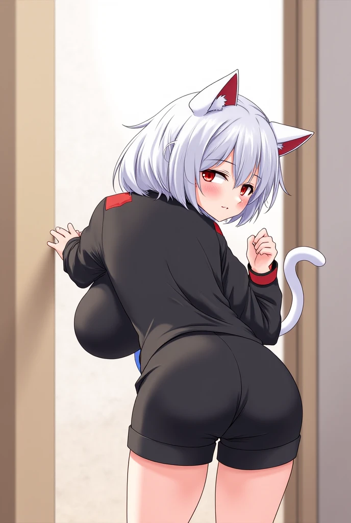 (masterpiece:1.2,high quality),4K,High resolution,cute girl, white hair,short hair,crossed bangs,red eyes,slit pupils, ahoge,cat ears, white cat tail, laughing, skin fang,primary school student, puffy nipples, (large breasts) school uniform, shirt above chest, (pregnant:0.9), on all fours, hanging breasts, (lactating:0.7) , (raised ass), spead legs,