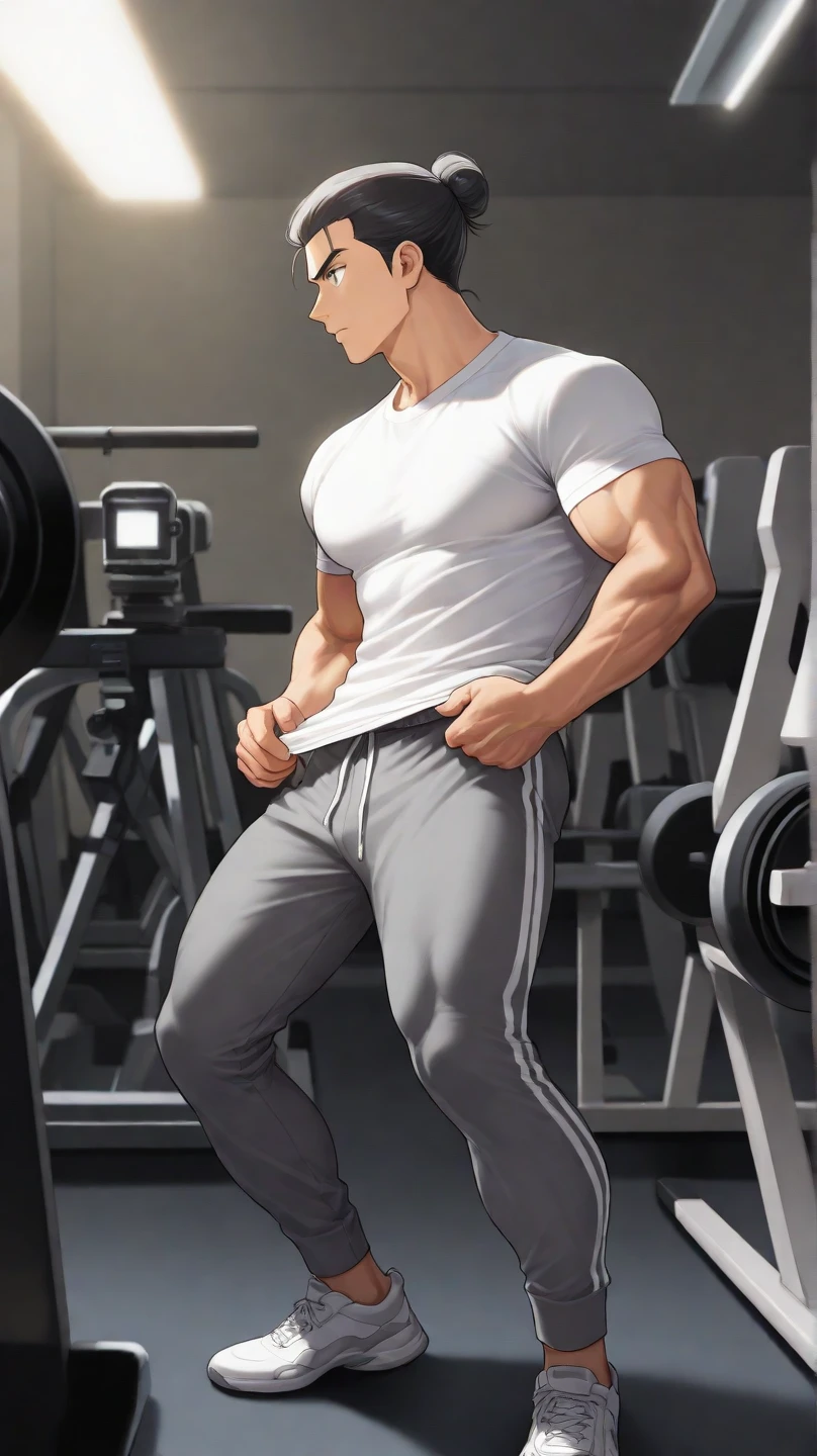 create a drawing of a man fundamental physical education teacher in a classroom dressed in crossfit clothes