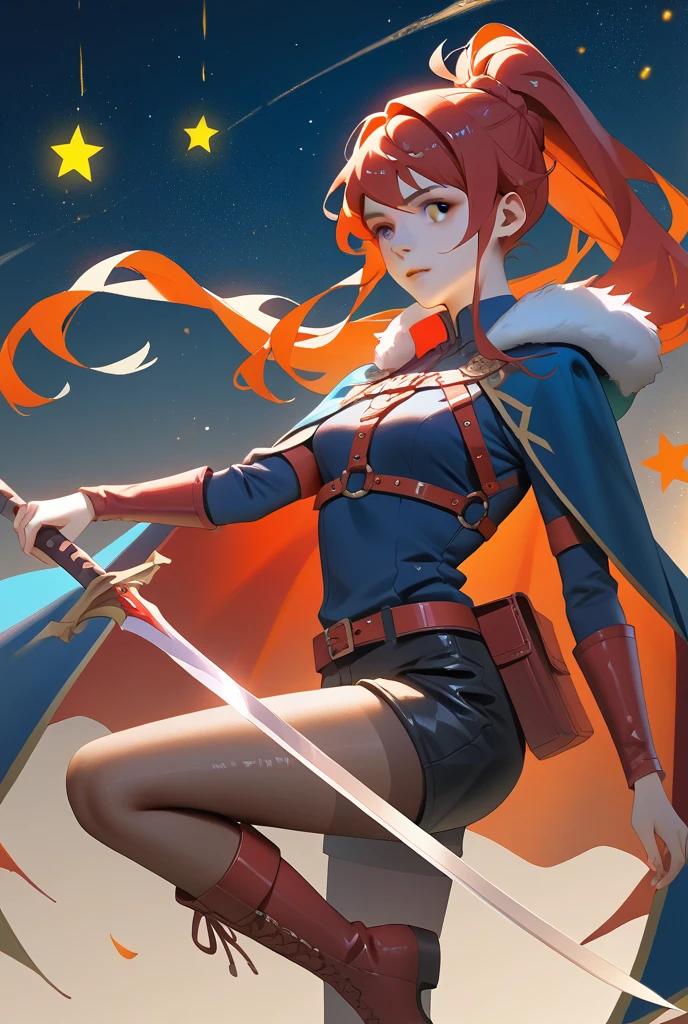 ((best quality)), ((highly detailed)), masterpiece, absurdres, (detailed eyes, deep eyes), (1girl), dynamic pose, full body, <lora:erza_scarlet:.8>, erza_scarlet, scarlet hair, (very long hair), (brown eyes), tattoo, armor, breast plate, shoulder pauldrons, gauntlets, blue skirt, knee boots, black boots, (at a meadow, midnight, night sky, stars, broken moon, shooting star)