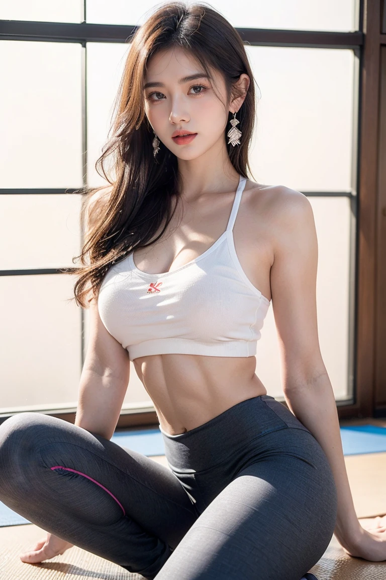 ((Masterpiece，Highest quality，Ultra-high resolution))，(極めてdetailed，超detailed)，Japanese，Idol，slim，Large Breasts，Narrow waist，(Sayaka Yamamoto in wet white gym clothes in yoga class)，(Wet white shirt, Realistic)， 4k Realistic, Soft lighting, detailed, Real Full HD