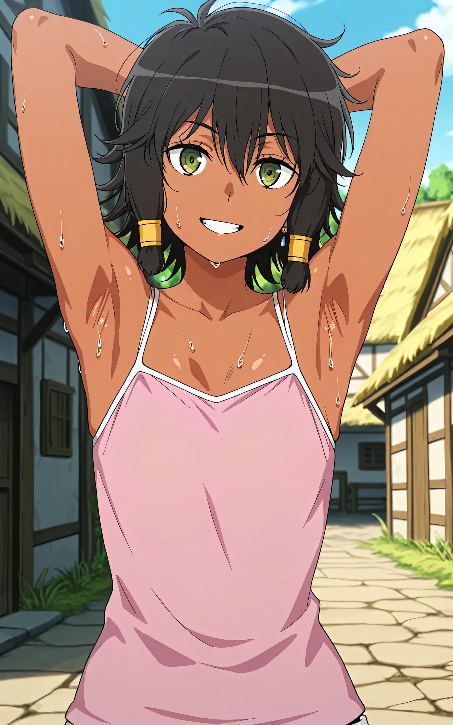 masterpiece, best quality, amazing quality, anime screencap, anime coloring, 1girl, solo, dark skin, short hair, hair tubes, black hair, green eyes, earrings, TionaHiryute, flat chest, pink camisole, spaghetti straps, white straps, skindentation, sweaty, arms behind head, armpits, head towards viewer, looking at viewer, smile, teeth, (front light:1.1), outdoors, day, village