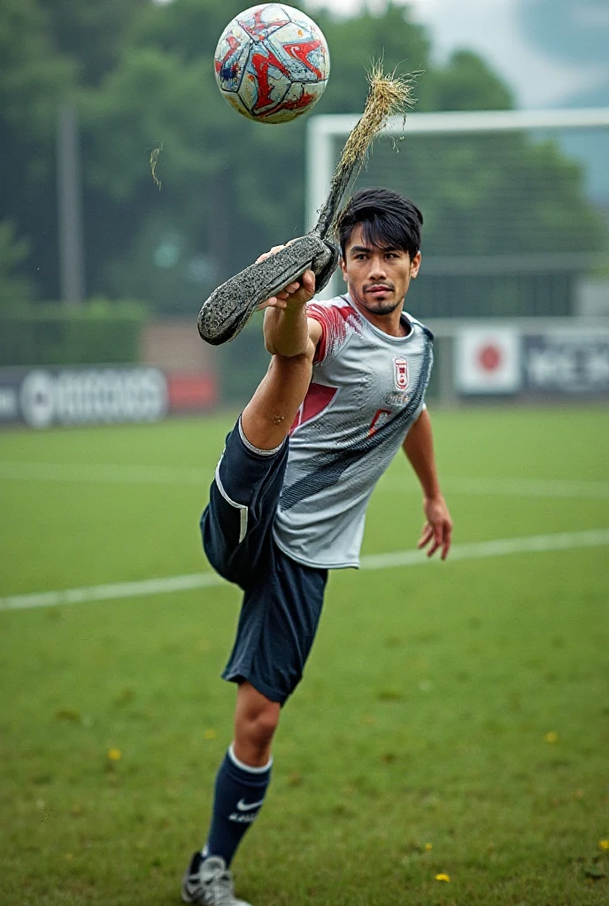 a man squatting on concrete floor holding a baseball bat,handsome face, detailed facial features, in an action pose, he is looking away, white flawless skin, sweating glitter shiny juicky wet muscles and skin, most strongest pose, shot with DSLR, sits on a rooftop, in a menacing pose, muscullne stocky chubby body, wearing transparent wet looking single highlighting his big pecs, big arms, big thighs, squatting with his legs opened and spread, beefy musculine thighs and claves, wearing transparent wet blue thong highlighting his big bulge shiny, transparent thin white socks wet, wearing Gucci sneakers, thunderstorm sky and clouds background, realistic