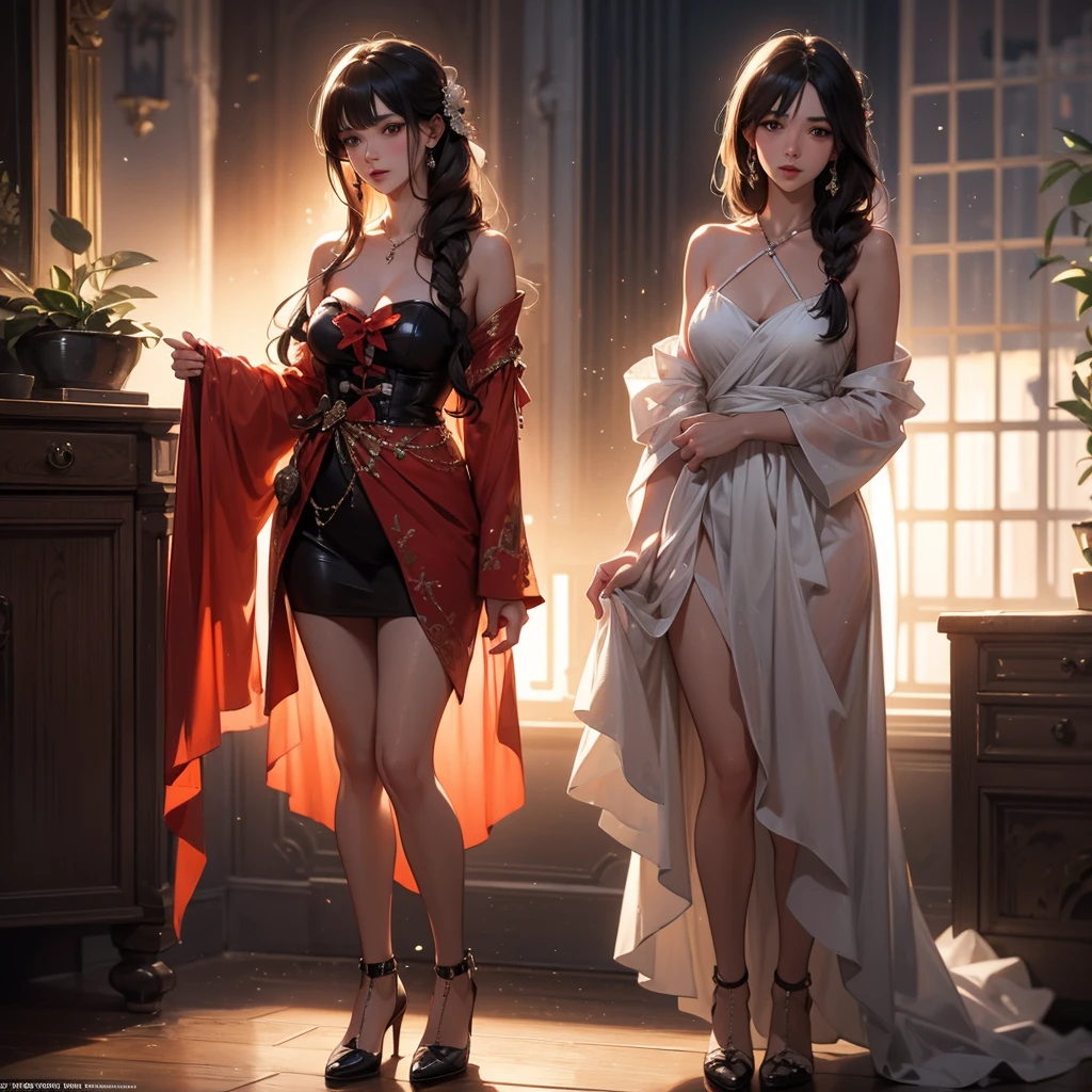 (tmasterpiece:1.2),(真实感:1.5),2 girls,Red and yellow lace skirt, Raised sexy,violin in hand,Duo,silk dress,satin,a skirt,hot springs,rays of moonlight,
