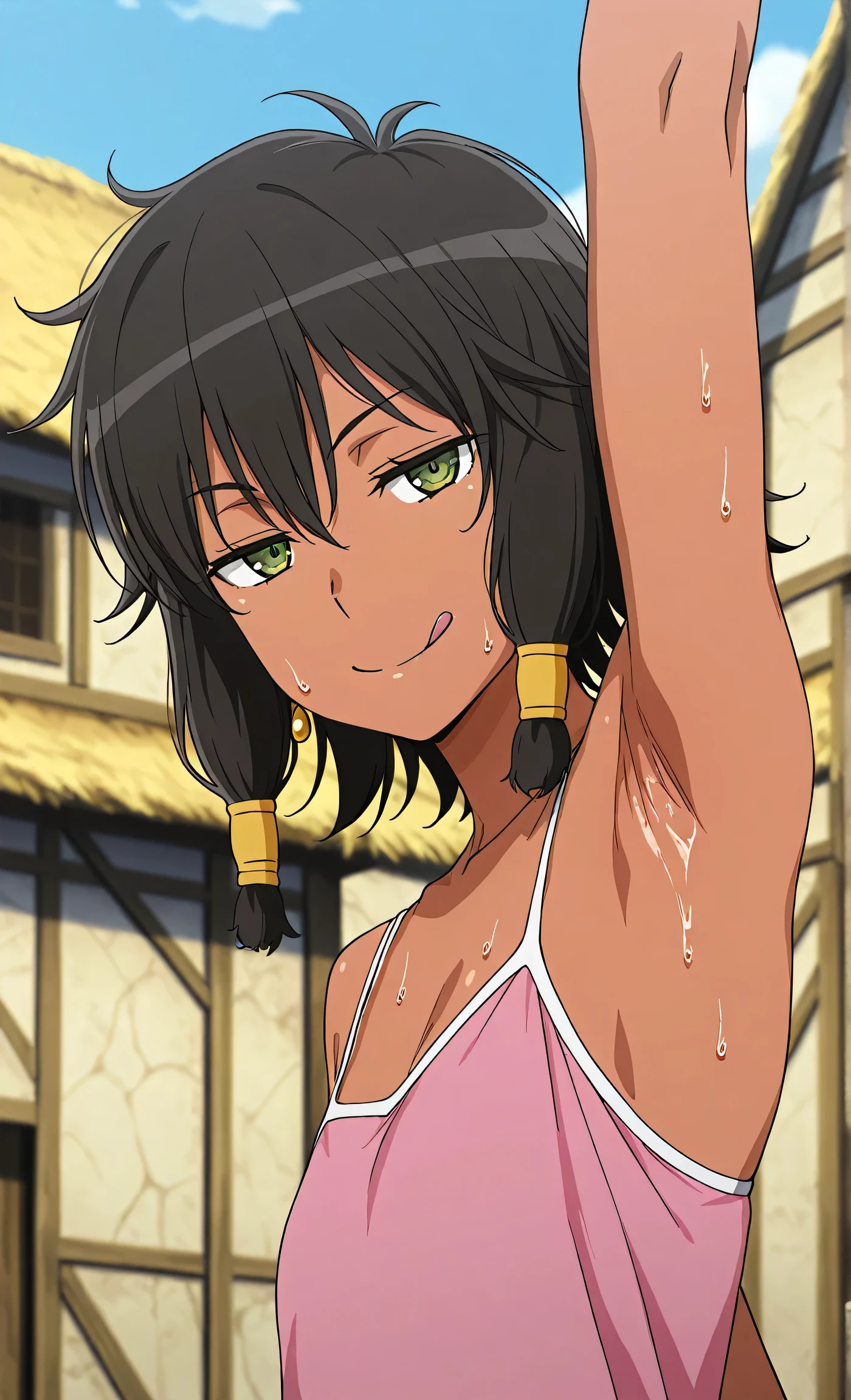 masterpiece, best quality, amazing quality, anime screencap, anime coloring, 1girl, solo, dark skin, short hair, hair tubes, black hair, green eyes, earrings, TionaHiryute, flat chest, pink camisole, spaghetti straps, white straps, skindentation, sweaty, arm up, raised arm, armpit, head towards viewer, looking at viewer, smile, smug, closed mouth, half-closed eyes, (front light:1.1), outdoors, day, village, from side, licking lips