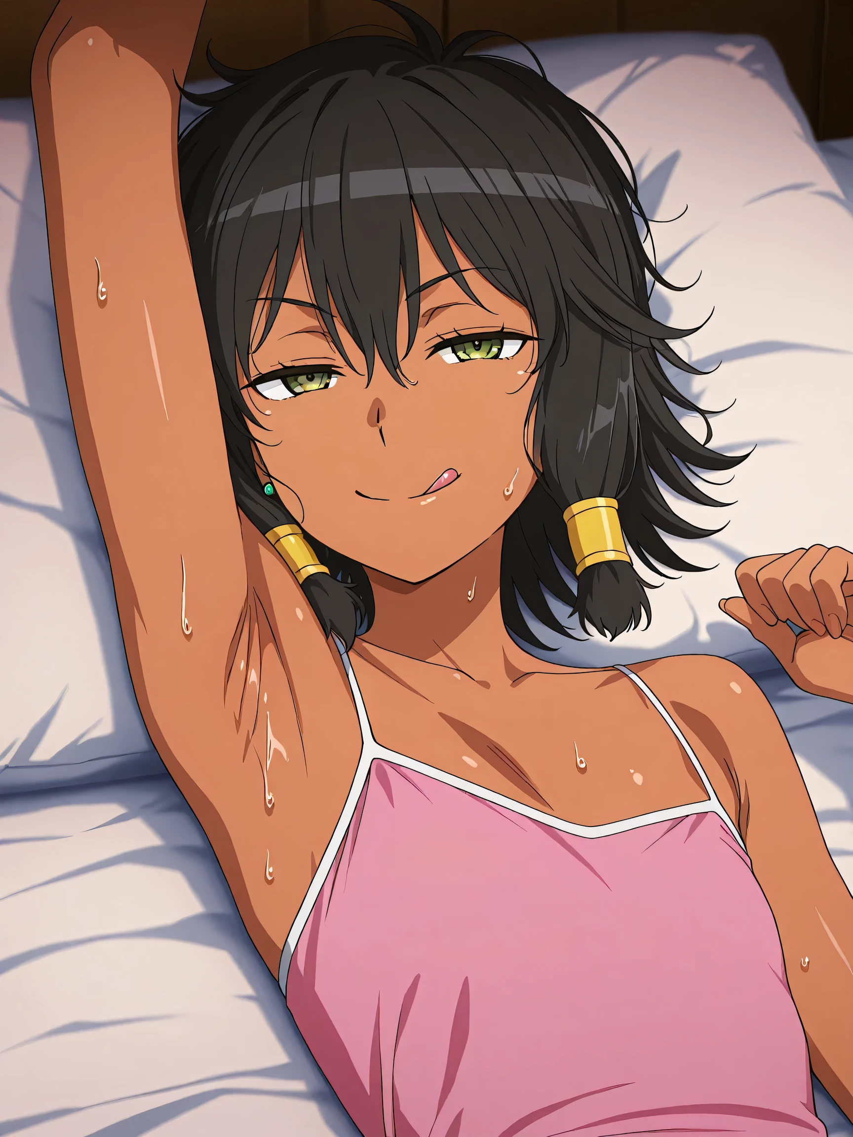 Masterpiece, Best quality, (bedroom at night), long black hair, ponytail, mature woman, beauty purple eyes, half opened eyes, (( nude )), big tits, dark skin, blushing, little smile, (lying on bed), POV, from above, upper body, warm lighting, showing armpits, her head on pillow