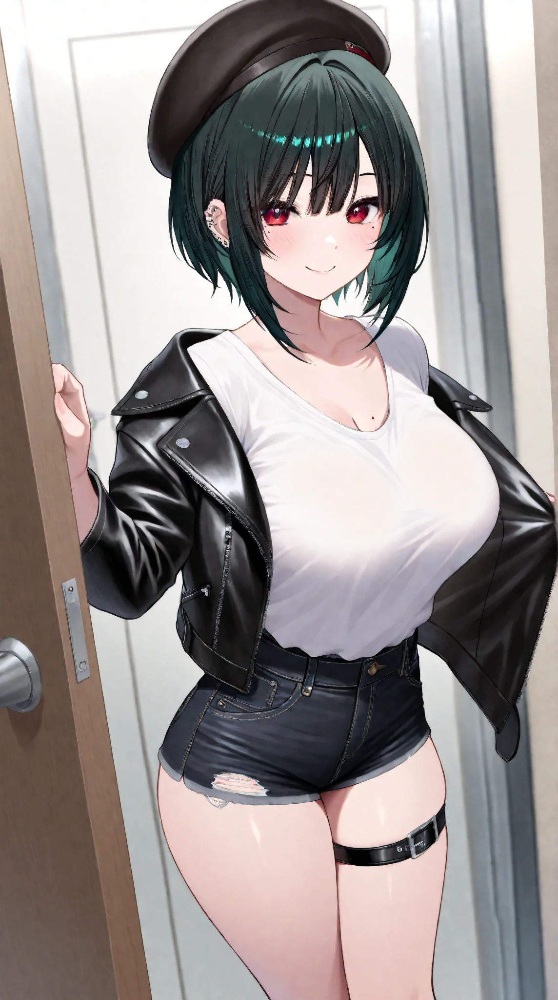 A woman with very long black hair and (very long bangs:1.5), wearing a (stylish long jacket:1.5) and tight jeans, (low-rise jeans:1.25), (low-cut jeans:1.25), standing. The artwork is inspired by manga and incorporates a doujin style. The woman appears to be (wetting herself:1.5), which causes her to feel incredibly embarrassed and humiliated, resulting in an intense and vibrant blush on her face. She is tightly grabbing her crotch with both hands in desperation (grabbing crotch:1.25), (covering crotch:1.25), (hands between legs., there is also a look of anger in her expression. The lighting in the scene is moody, with a spotlight highlighting the woman's figure. She has a very large pee stain on her jeans., large breasts, navel, midriff, groin, mound of venus, cleavage, diamond necklace, bikini top, thin