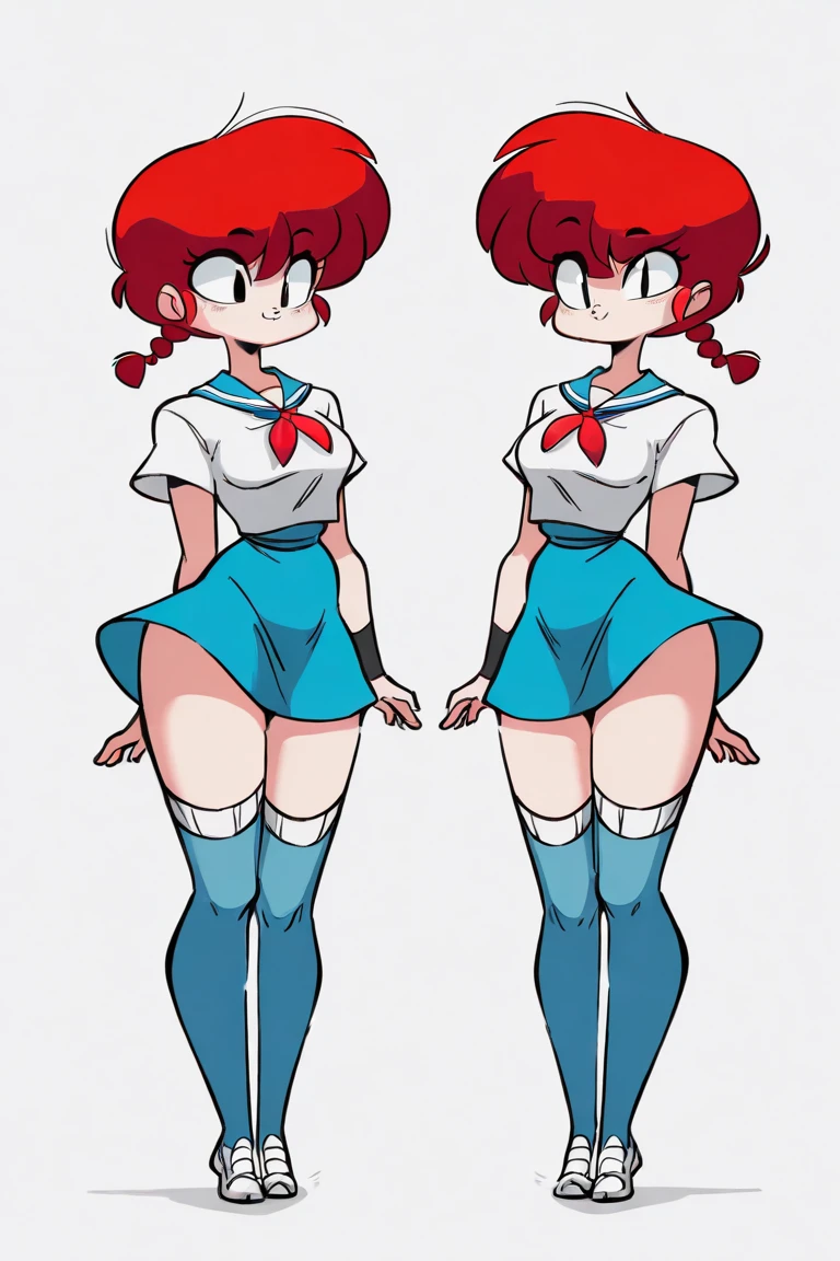 A tall sexy tough woman beautiful attractive big breast long wavy red hair her big red eye black eyelash pink lip she dresses red blouse tied knot shows navel sexy curve and her long gray pants red sneakers