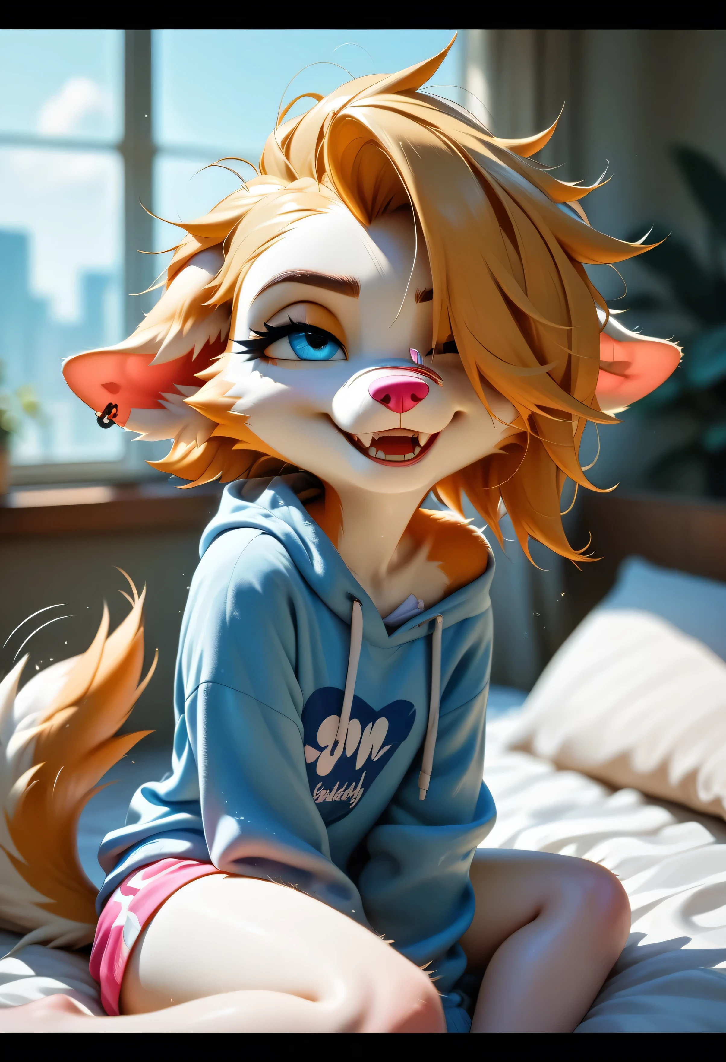 > Loona, anthro furry, bloodied but smiling in soft morning helllight, hair messy, bandages over one eye, sitting in crater, satisfied and exhausted, tail wagging slightly, 1dk, 8k, cinematic, ultra-detailed, (Expressiveh:0.8)