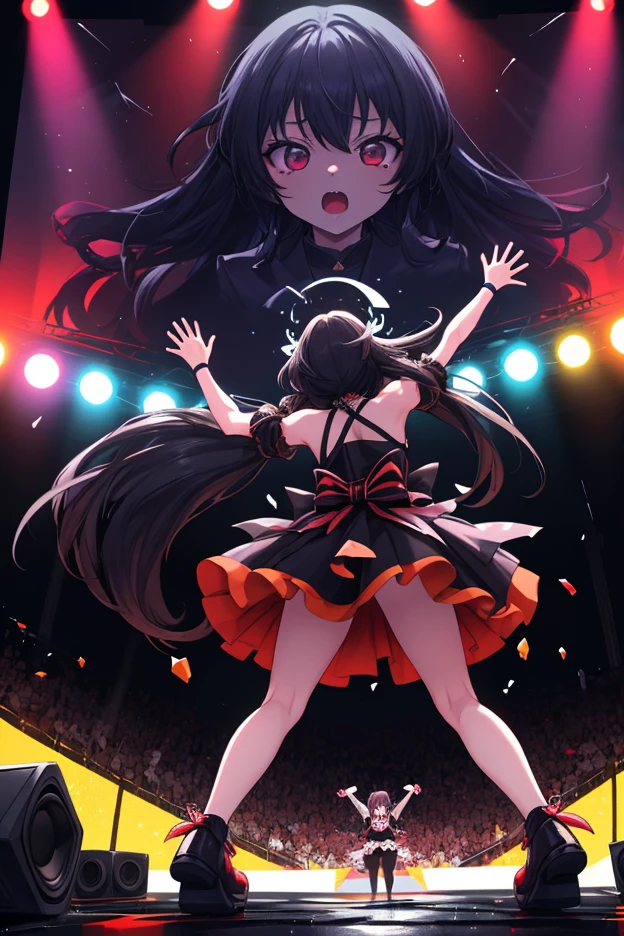 anime screencap, 1girl, solo, long hair, black hair, hair ornament, thighhighs, dress, holding, standing, full body, from behind, star (symbol), arm up, high heels, two side up, microphone, star hair ornament, idol, crowd, stage, stage lights, glowstick, concert, audience