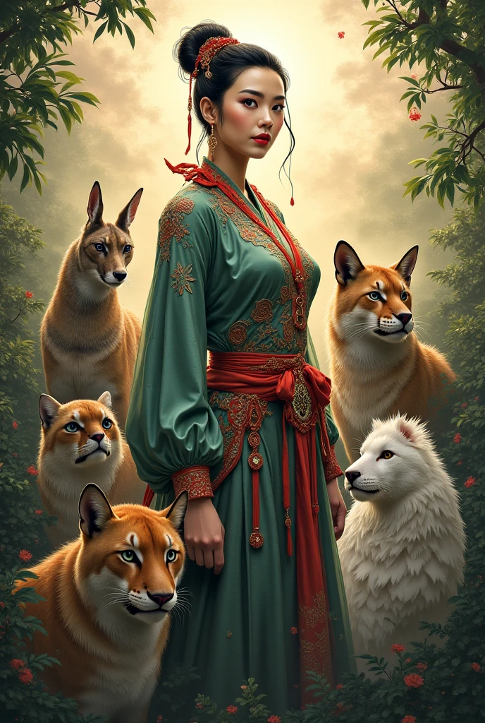 "Creates an image of Princess Jade in exquisite detail, her ethereal beauty radiating as she tenderly frees the grateful fox from its trap. Best quality, high resolution, Masterpiece: 1.3, Princess Jade, Beautiful, compassionate princess, Freeing the fox, Grateful fox, Recognizing the kind act, Princess in a traditional gown, Detailed embroidery, Silken fabric, Rich colors, Chestnut hair falls gently around her shoulders, Expressive hazel eyes filled with warmth, Full-length, Gently applied herbs to the wounded fox's paws, Healing touch, Forest setting, Lush foliage, Sun