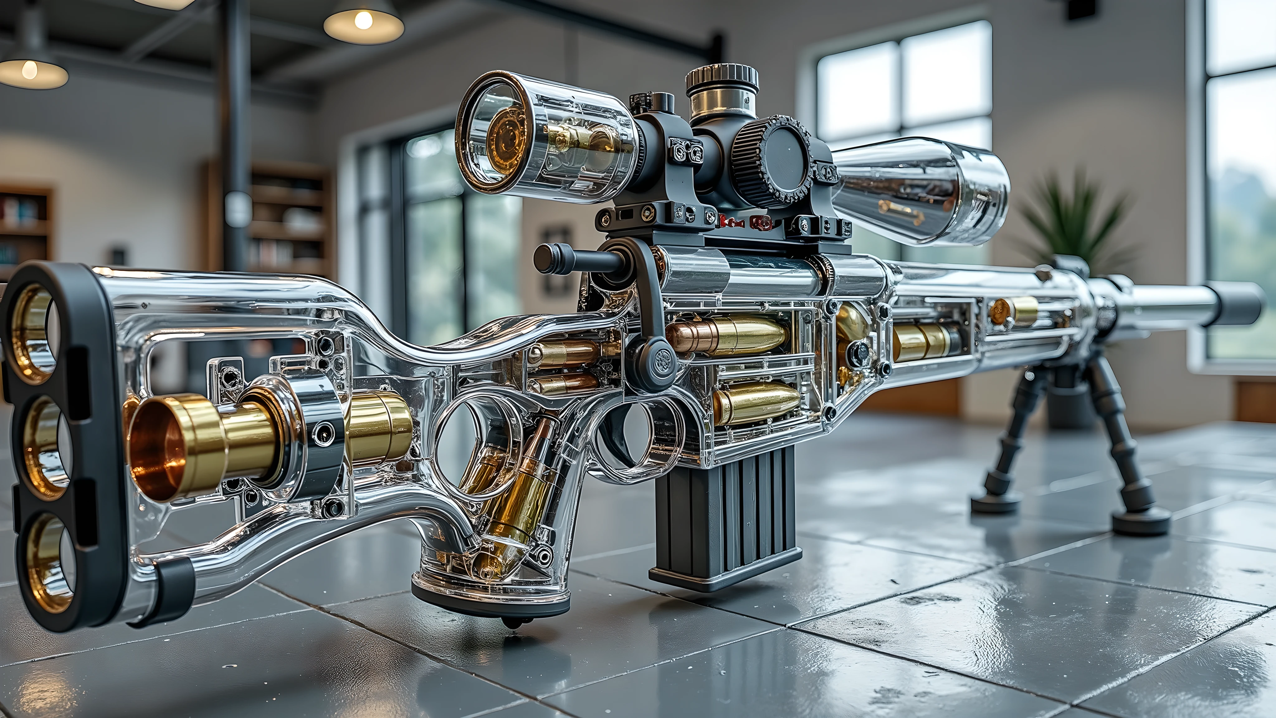 spectacular digital rendering of a (transparent:1.8) sniper rifle with sight gun, revealing internal mechanical components such as bullets, and internal chambers, detailed textures, detailed machinery, accurate lighting and shadows, 8k quality, intricate patterns, high-definition, glossy finish, vivid reflections, perfect lighting, showroom BREAK