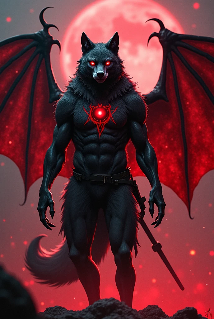 Mysterious wolf-like face，Bipedal，Has bat-like wings，Covered in dark purple skin，On her chest is a crescent-shaped necklace.，Large black wings with gold tips，Has limbs with sharp red claws，Red eyes，It exudes a mysterious, otherworldly presence.，Its overall posture is intimidating yet protective.，The mysterious and powerful nature of this creature is emphasized as the focal point of the image.,背景はfull moonの夜,A mysterious dark atmosphere, Haute Couture Illusion，full moon,Moonlit Night，Medium shot scenes，Like the whole body， Highly detailed surreal VFX，OC Rendering，Shot with a 70mm AR16:9 --q 2 --s 1000
