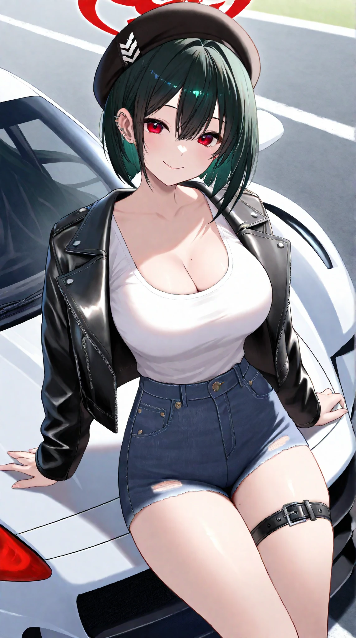 Code Geass, C.C, 1girl, (((bimbo))), long green hair, yellow eyes, ear rings, puffy lips, painted lips, thick lips, wide hips, thick thighs, big breast, huge ass, revealing cleavage, erotic, Smile face, bubble butt, camel toe, Breasts, black leather jacket, blue jeans, black bra, sitting on car car, night time