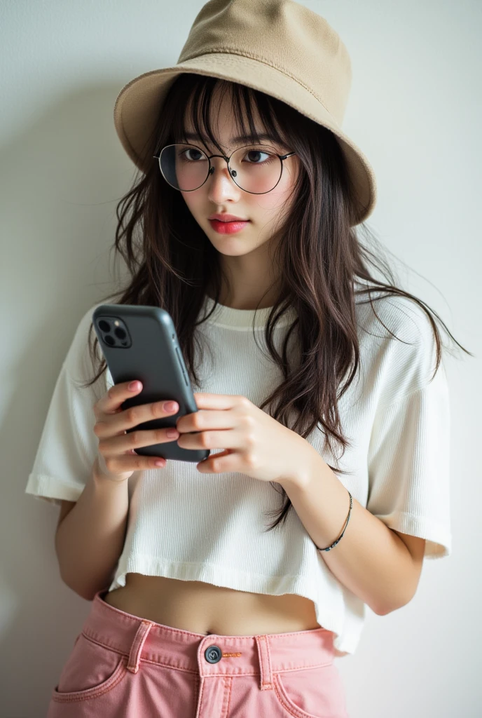 (8K、Raw photography、top-quality、​masterpiece:1.2)、(realisitic、Photorealsitic:1.37)、ultra-detailliert、超A high resolution、女の子1人、see the beholder、beautifull detailed face、A smile、Constriction、(Slim waist) :1.3)、((White shirt clothes))、Beautiful detailed skin、Skin Texture、Floating hair、((Hair bunched into one))、large breasts with good shape、Professional Lighting、In front of the station at noon、((Black square glasses))、Whole human body、Brown hair、((Holding your phone on the phone))、