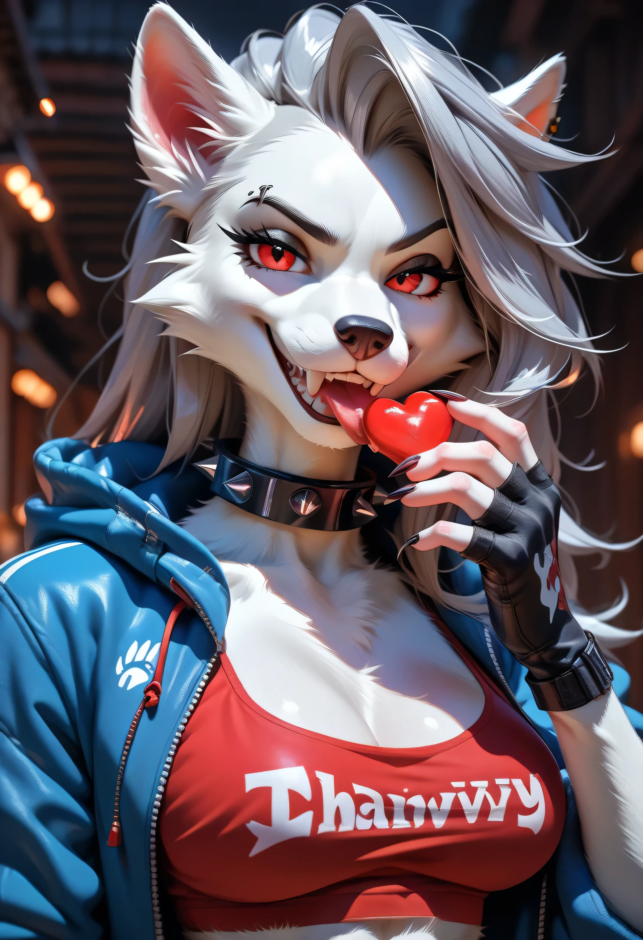 > Loona, anthro furry, licking claw tip with smirk, bodies scattered behind her, red glow on face, spiked collar and fingerless gloves, confident and wild expression, 1dk, 8k, ultra-detailed, anime-style, (Expressiveh:0.8)