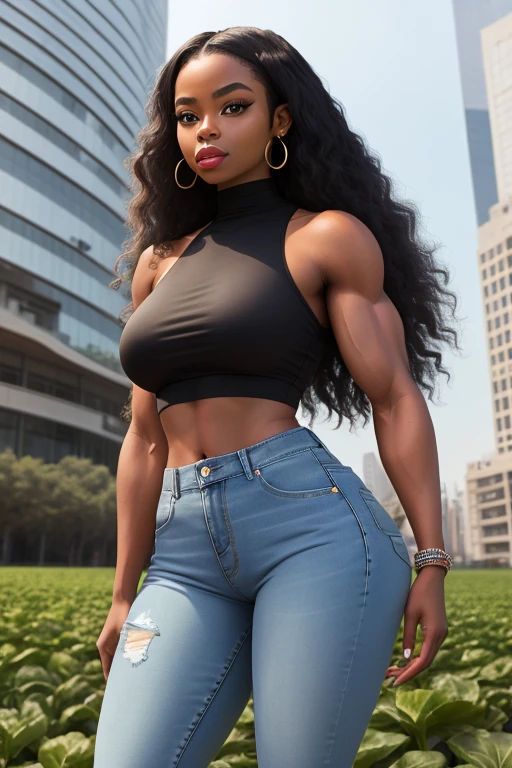 (Muscular young black girl Tinna Keys), huge strong biceps volume, enormous firm tits volume, strong tonned exposed abs, muscular strong legs, bodybuilder muscles bursting in strength, exposed abs skin, (wavy long hair), tight yellow tshirt and shorts, night park background