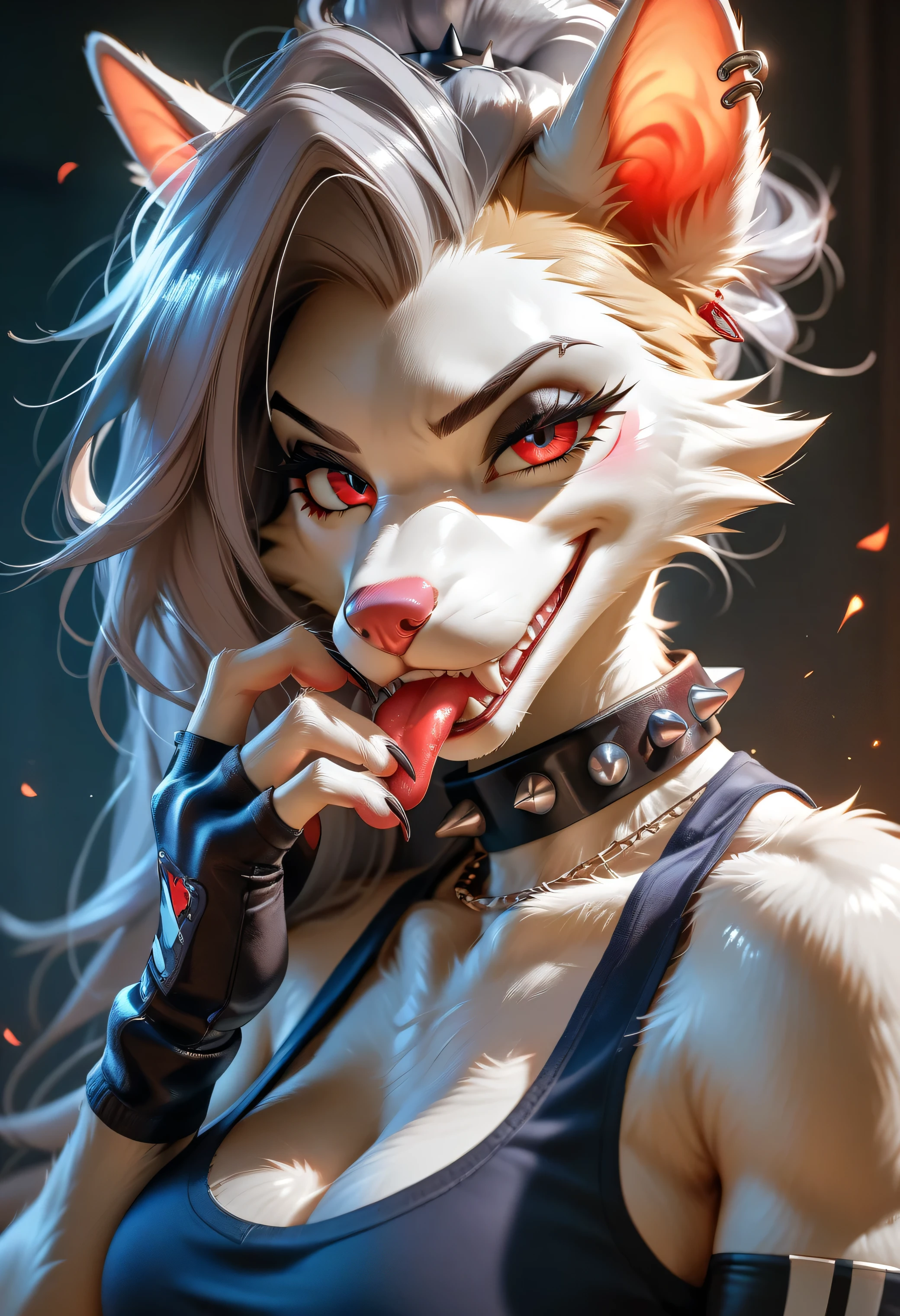 > Loona, anthro furry, licking claw tip with smirk, bodies scattered behind her, red glow on face, spiked collar and fingerless gloves, confident and wild expression, 1dk, 8k, ultra-detailed, anime-style, (Expressiveh:0.8)