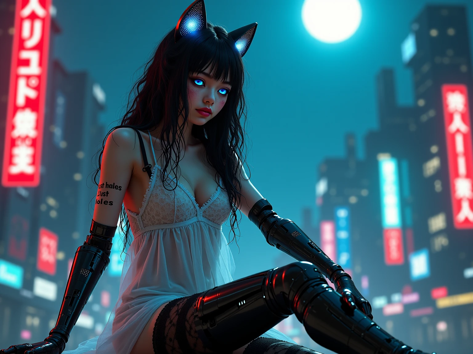 a woman in a cat suit sitting on a ledge with a city in the background, doja cat as cat woman, margot robbie as cat woman, Sydney Sweeney as Black Cat, cyborg - girl with silver hair, Sydney Sweeney , glamourous cosplay, seductive cyberpunk dark fantasy, cat woman, Sydney Sweeney as Black Cat,