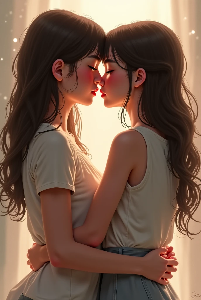 Two  sisters hug and kiss each other.  Emotional and loving. They care deeply for each other. Full body render. very realistic. White background.
