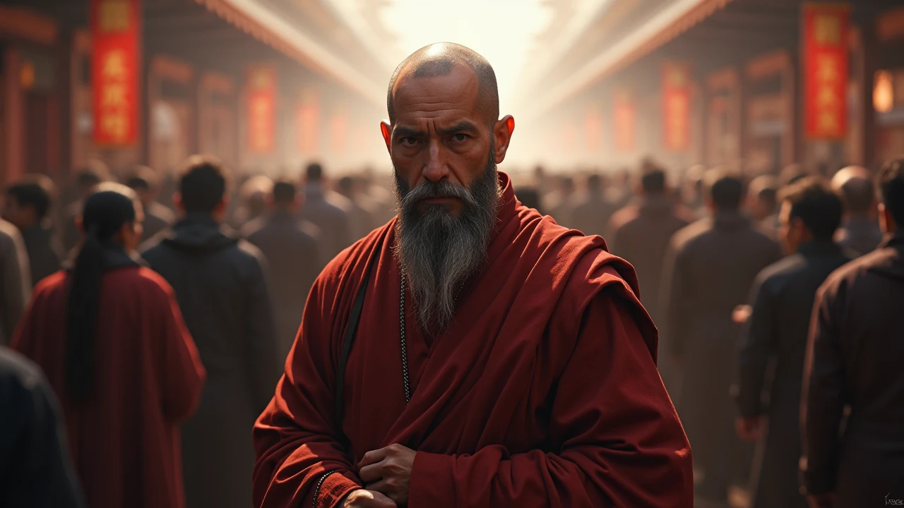 tom hardy, cinematic portrait photo of a very interesting tom hardy Wearing the saffron robes of a monk, Saffron clothes, Rudraksha beads, oblong water pot in hand (Kamandal), rudraksha in hand, walking in street of Banaras, eyes close up, highly detailed vfx portrait, taken with a full frame camera with a wild lens,