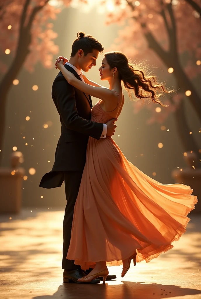 Main Visual Elements:
1. center image:The cover features Lara and Gabriel in the center, capturing an intimate and romantic moment. They are in the middle of a sensual and expressive dance. Lara wears a flowing and elegant dance dress, with details that capture the light softly, while Gabriel is in an outfit that highlights his confident and elegant posture. Their bodies are close, and the emotional connection between them is visible through their looks and facial expressions.
2. background environment:The backdrop is a combination of a luxurious dance floor and a cozy resort atmosphere.. The setting is softly lit with stage lights and warm tones., creating a romantic and magical atmosphere. Elements such as velvet curtains and soft lighting contribute to the feeling of a special and exclusive evening..
3. **Additional Detail:small details, like flowers or musical notes, can be scattered around the scene to add a touch of elegance and symbolize the importance of music and dance in the story. Flowers can be represented with soft shades of pink and gold, while musical notes can float ethereally around the characters.
Predominant Colors:
- Gold and Pink: Warm, soft colors that evoke a feeling of romance and celebration. Gold can be used to represent light and the magic of dance., while pink offers a touch of softness and affection.
- Neutral and Warm Tones: For the background and details, shades like cream, beige and ivory are used to create a cozy and elegant atmosphere. These tones also help to highlight the characters without overloading the cover with very intense colors..
Emotional Tone of the Narrative:
- Romantic and Intense:The cover should convey a deep sense of romance and connection between Lara and Gabriel.. The image of the dance should capture the intimacy and passion that defines their relationship.. Soft light and elegant details should create a sense of magic and fulfillment., reflecting the journey