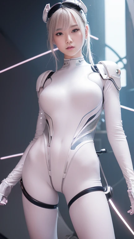 Ultra tall ultra beautiful future fashion tech woman, white body-skin, white latex bodysuit cover, futuristic tech body design skin, tech imbedded in body suit, standing in transporter holodeck, close full body shot, cowboy shot, sci fi pinup girl vibes, hyperdetailed, ultra detailed, 8k resolution,
