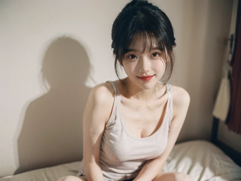 High resolution, highest quality, perfect dynamic composition, beautiful and fine eyes, off shoulder、shining hair、medium hair, natural color lip, university student、Harajuku、slight smile、Crouched figure、M-shaped legs