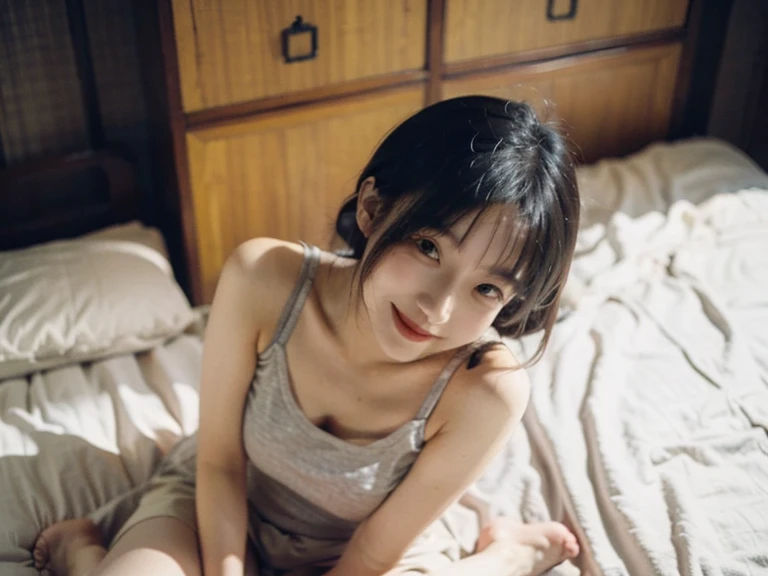 One girl, cute, Sleep, close your eyes, (freckles:0.2), Lying in bed, Put your head on the pillow, Bedroom, Detailed Background, indoor, employment, (Realistic:1.4), (In the Dark, Deep Shadow,Modest:1.1), Diffused, natural skin glow, Diffused dark light, Wide Shot