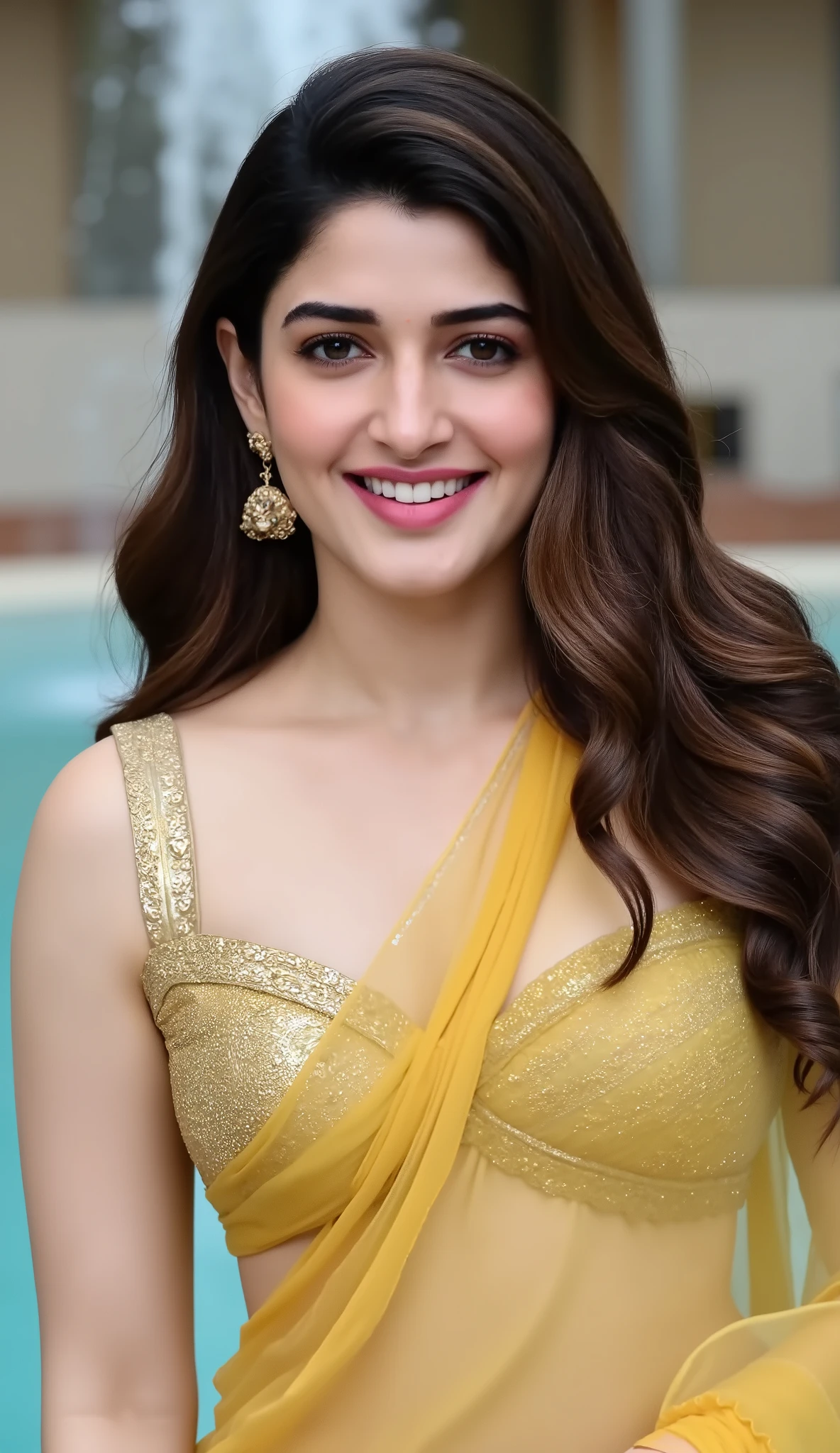"Indian beautiful actress, Super white skin,smiling, showing deep cleavage, looking at the camera with a seductive shy expression, curly hair. Wearing a transparent golden saree and a sleeveless, strapless golden bra. Legs spread.fountain background."