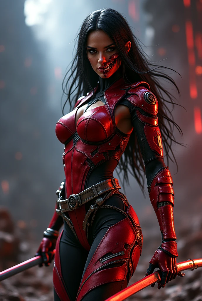 Megan fox as female carnage/witchblade, (red carnage witchblade muscular physique:1.25), (carnage/witchblade anatomy:1.25), (cybernetic tentacles extending from head:1.25), (mouth wide open, carnage style), (perfect hands with witchblade claws:1.26), Realistic, Very detailed face and eyes, (masterpiece:1.1), (best quality:1.1), (beautiful girl face:1.45)