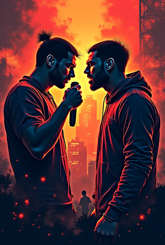 A 2 20 years old guys standing in front of each other like going to fight their whole body colour black we don’t see them and background should be like comic style art! Overall size of 2 guys in image should be small so, I can add some text there
