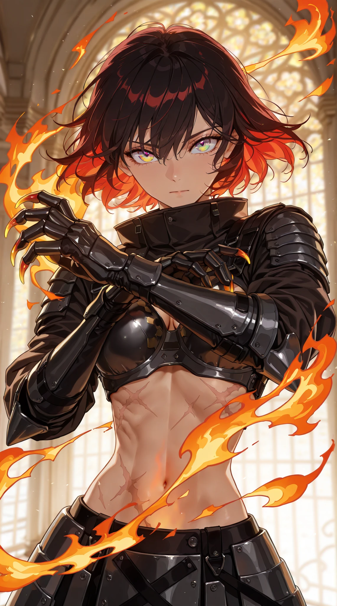 style of [Punishing Gray Raven|Inoitoh|(748cmstyle:0.48)], god rays, vivid colours, light stream, colour splotches, cinematic shot, mature, young adult, masterpiece, best quality, amazing quality, very aesthetic, high resolution, ultra-detailed, absurdres, (hands:-0.15),
(1girl, young adult, female:0.95), solo, alone,(combat stance, actions hot, upper body focus, looking at viewer, dutch angle, three quarter view, close up, cowboy shot:1.2),jeanbartdef, black hair, (rainbow eyes:1.33), short hair, red hair, colored inner hair, stockings, push up bra, (armoured skirt, scar on her stomach, long flame claws:1.33), metal sharp claws, loose jackets (elbow mounted cybernetic sword:1.22), mantis blades, expressionless, disgusted expression, constricted pupils, webtoon, manwha,
BREAK, depth of field, volumetric lighting, Celtic architecture
 