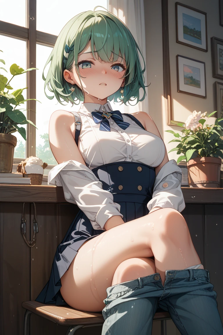 best quality, masterpiece, woman, beautiful, calm, short hair in a bun, rose wine colored hair, gray eyes, white sleeveless shirt, collared shirt, long black bow under the collar , black high-waisted shorts, dark green socks, expressionless, cold