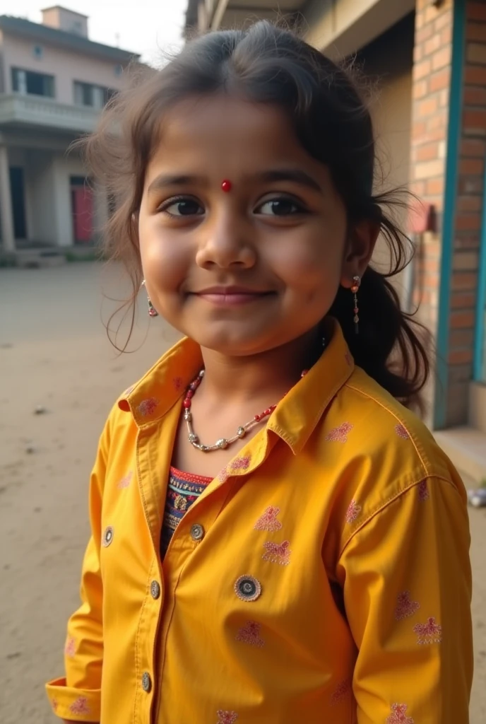 Selfie of a young chubby Indian girl wearing a orange hoodie short hair and fair complexion smiling 