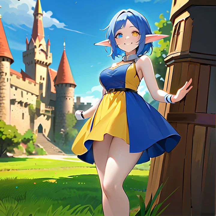 female child, solo, ojaksnmgc, blue eyes, blue hair, short hair, bangs, ahoge, witch hat, blue dress, blue skirt, short skirt, jewelry, standing, looking at viewer, mountain, castle <lora:aiko-senoo-magical-000007:1>