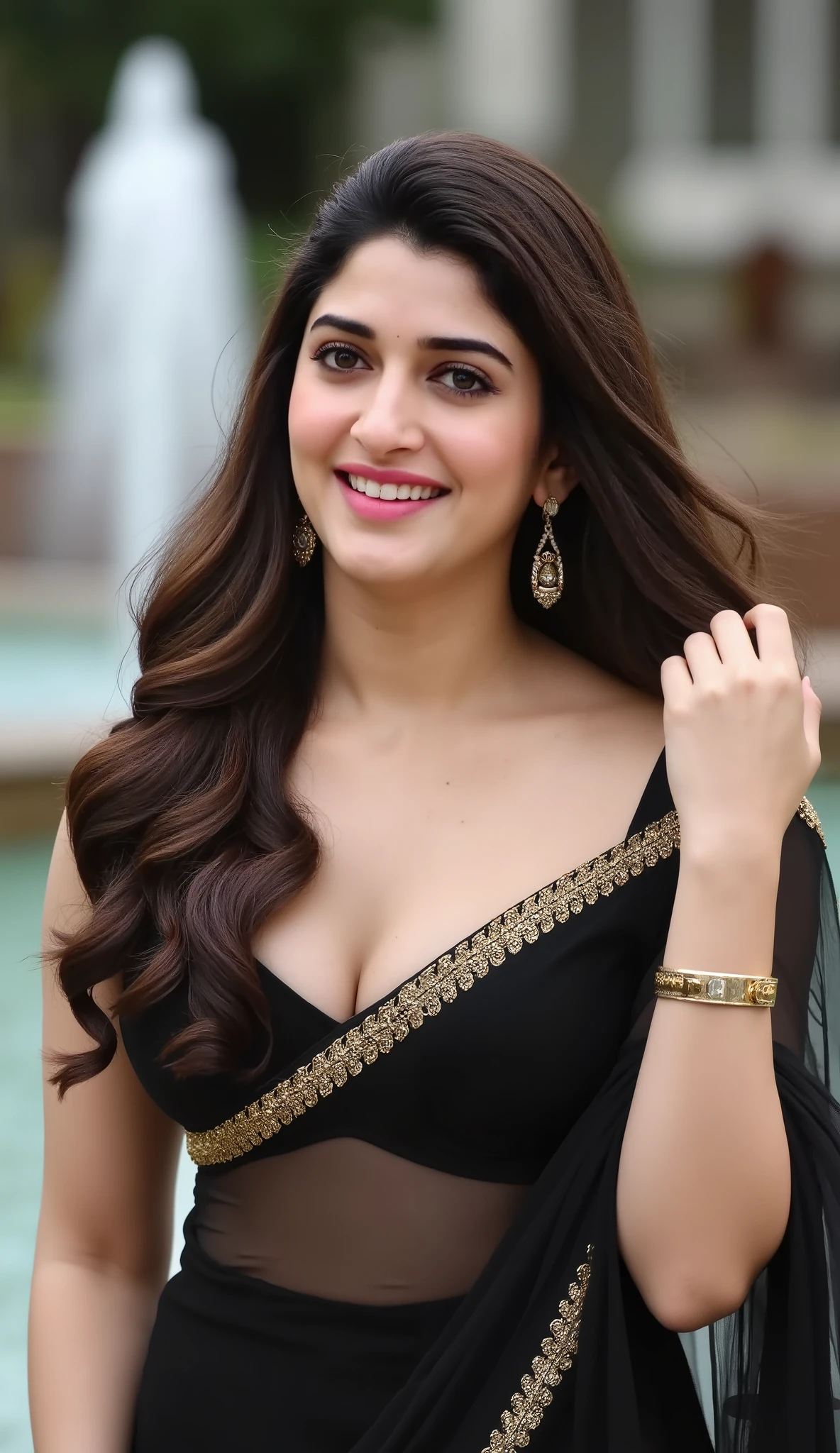 "Indian beautiful actress, Super white skin,smiling, showing deep cleavage, looking at the camera with a seductive shy expression, fixing her curly hair. Wearing a transparent black saree and a sleeveless, strapless black bra. Legs spread.fountain background."