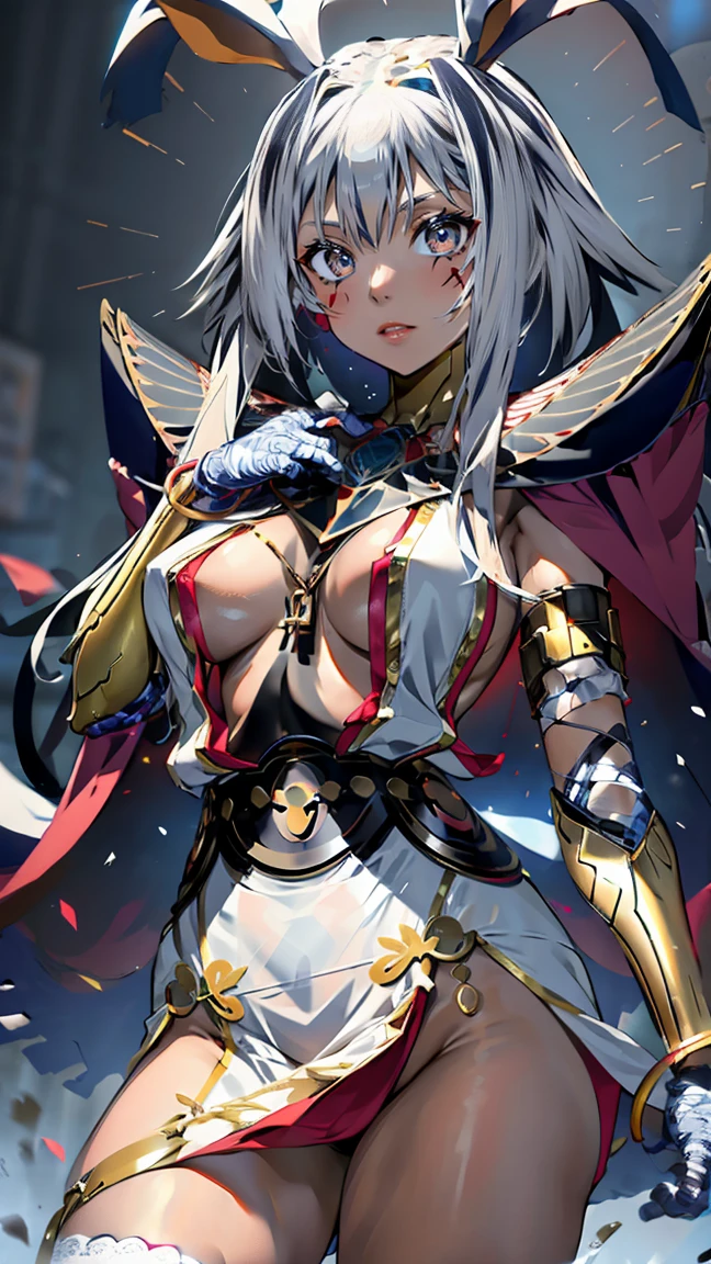 (masterpiece, best quality:1.2), nitocris alter, fgo, (stage 2, glowing legs, bandages:1.4), 1girl, egyptian, dark-skinned female, egyptian clothes, yellow eyes, bangs, short hair, white hair, jackel ears, facial markings, large breasts, hairband, sidelocks, jewelry, breast curtains, hoop earrings, red cape, dark background <lora:NITOALTER-15:0.7>
