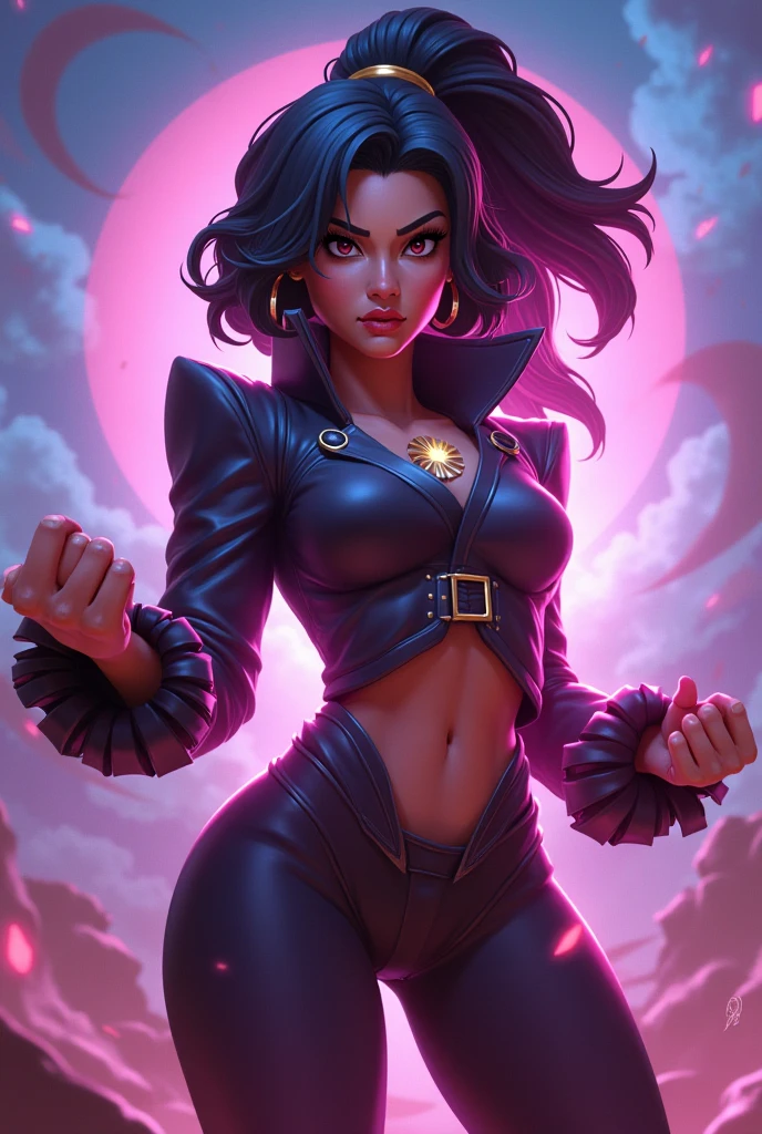 score_9,score_8_up,score_7_up,glowing eyes,
mileenamk10,black hair,yellow eyes,medium hair,slit pupils,hands up,pink fingernails,
pink top,cleavage,stitched,leather armor,belt chain,tight black pants,o-ring,pelvic curtain,
extra teeth,looking at viewer,angry,open mouth,
dynamic angle,
dungeon,underground,