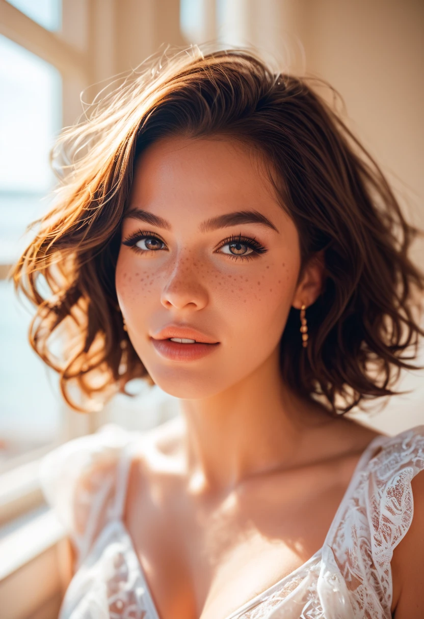 score_9, score_8_up, score_7_up , Stunning brunette woman with freckles, portra 400 film photo, analog inspiration