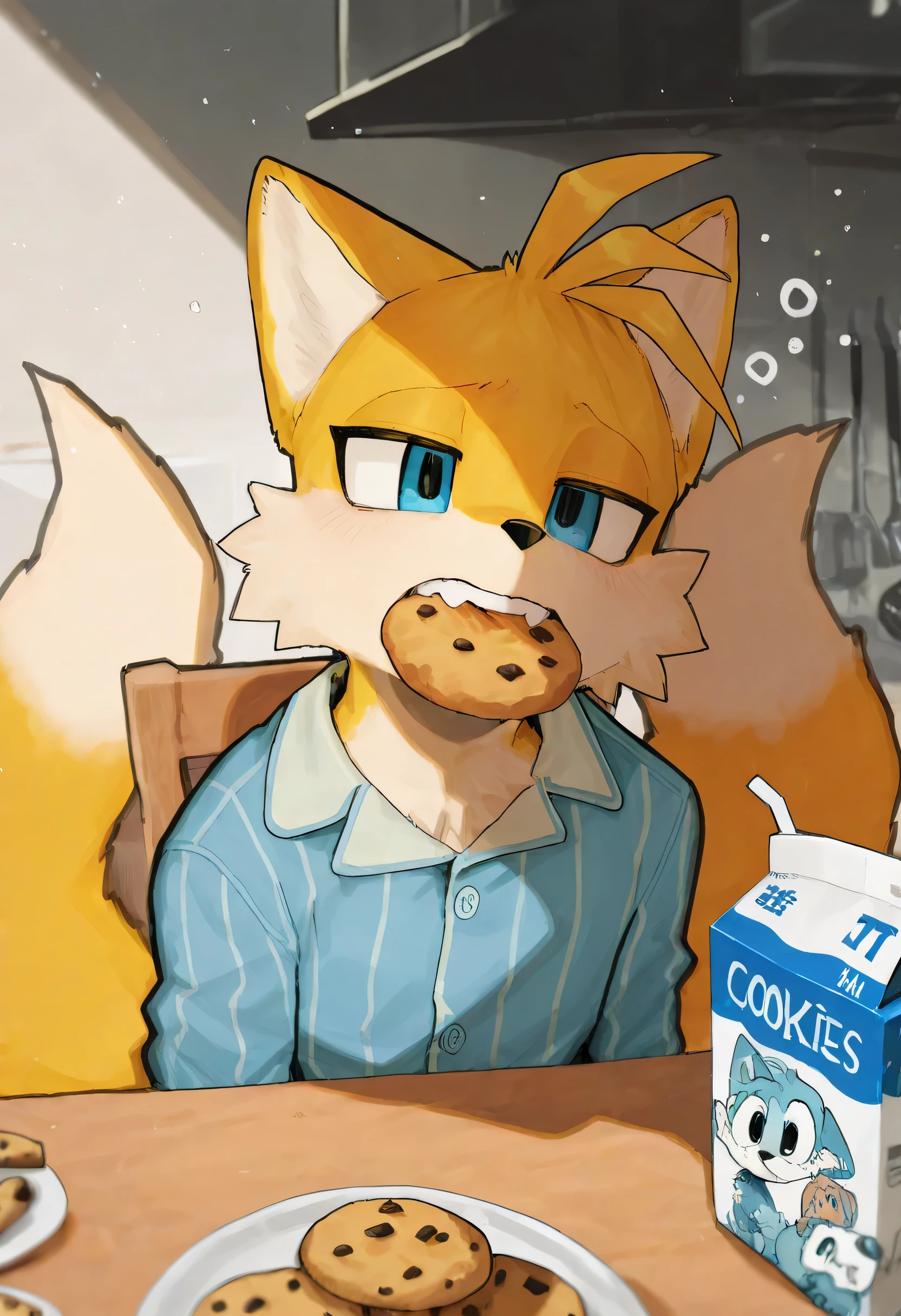 soft shading, 4k, hi res, detailed face, detailed, Best quality, masterpiece, detailed anatomy, detailed eyes, perfect shading, by K0BIT0WANI, by Bebebebe, by Goonie san, by Buta99, by Zackary911, solo male, fox, tails_prower, yellow fur, two tails, blue eyes, sleepy face, pajamas, on the table, sitting on the chair, milk carton on the table, jar with cookies on the table, cookies in the mouth, in the kitchen
