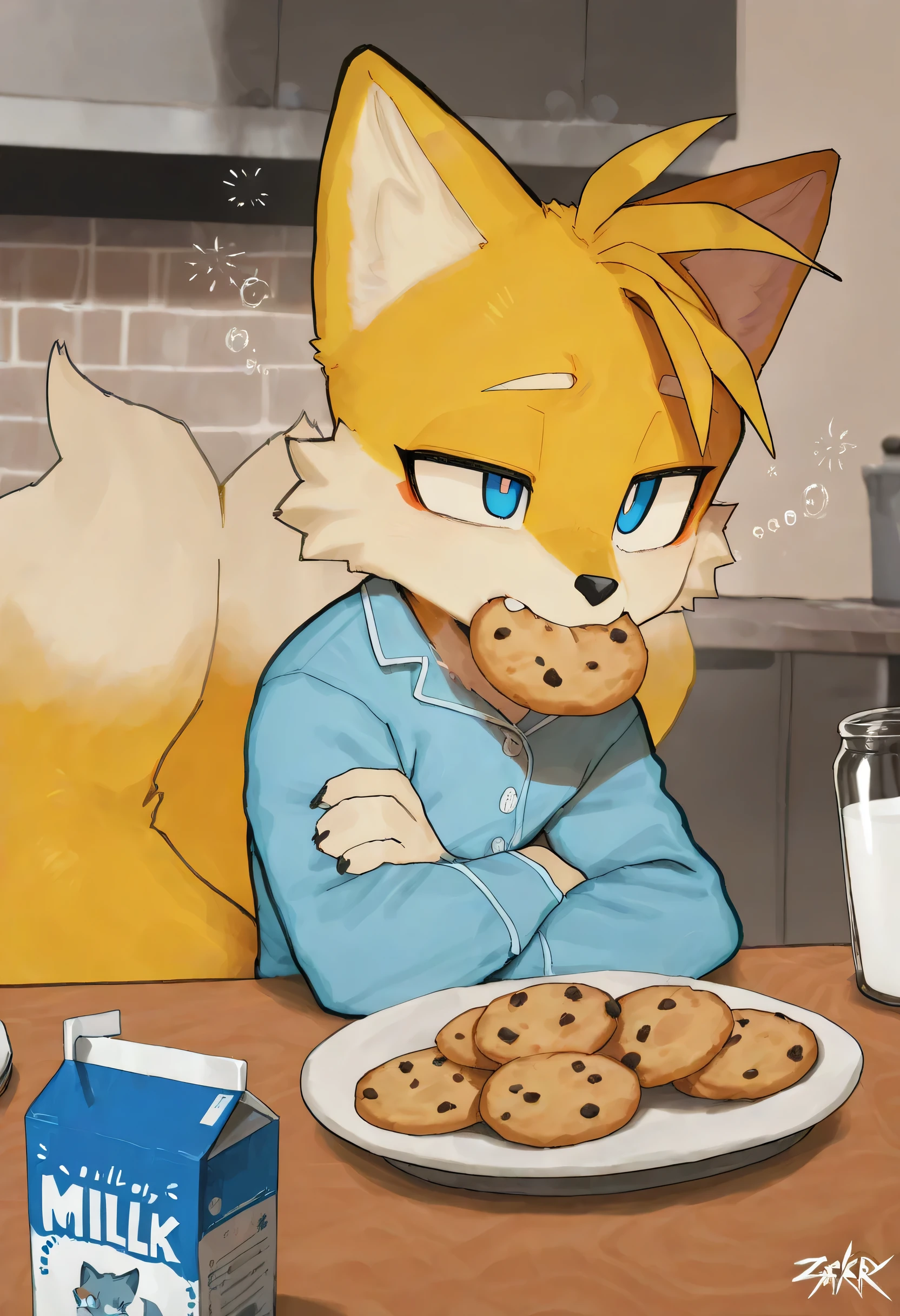 soft shading, 4k, hi res, detailed face, detailed, Best quality, masterpiece, detailed anatomy, detailed eyes, perfect shading, by K0BIT0WANI, by Bebebebe, by Goonie san, by Buta99, by Zackary911, solo male, fox, tails_prower, yellow fur, two tails, blue eyes, sleepy face, pajamas, on the table, sitting on the chair, milk carton on the table, jar with cookies on the table, cookies in the mouth, in the kitchen