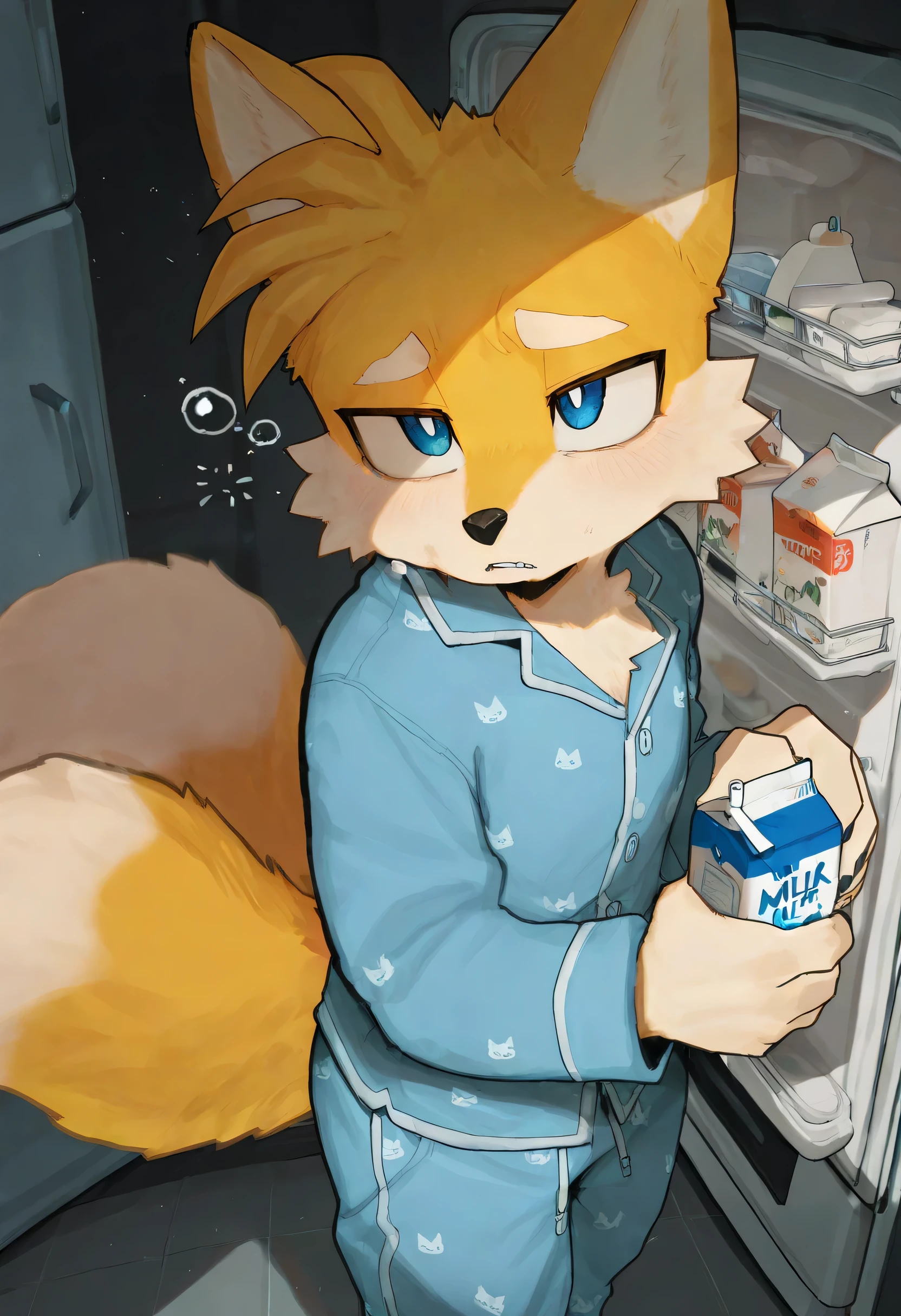soft shading, 4k, hi res, detailed face, detailed, Best quality, masterpiece, detailed anatomy, detailed eyes, perfect shading, by K0BIT0WANI, by Bebebebe, by Goonie san, by Buta99, by Zackary911, solo male, fox, tails_prower, yellow fur, two tails, blue eyes, sleepy face, tech pajamas, open refrigerator, right hand holding a milk carton, refrigerator view, in the kitchen